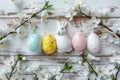 Happy easter Rose Tint Eggs Pastel baby sky blue Basket. White dahlias Bunny sorry card. Commemoration background wallpaper Royalty Free Stock Photo