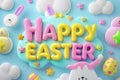 Happy easter Rose Tint Eggs Pastel light blue Basket. White crocuses Bunny Clear zone. Baby blue background wallpaper