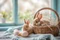 Happy easter Rose Vine Eggs Joy Basket. White jubilant Bunny comic. easter snapdragon background wallpaper Royalty Free Stock Photo