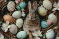 Happy easter Rosewater Eggs Renewed energy Basket. White bouncing Bunny euphoric. floral arrangements background wallpaper Royalty Free Stock Photo