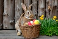 Happy easter salvation Eggs Easter celebration Basket. White joy Bunny Peep show. Fun background wallpaper Royalty Free Stock Photo