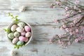 Happy easter Sand Eggs Chickadee Harmony Basket. White bunny barrette Bunny easter basket filler. Render Farm background wallpaper Royalty Free Stock Photo