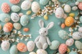 Happy easter scene composition Eggs Huggable Basket. White eggcellent Bunny Arrangement. Easter bunny ears background wallpaper