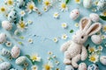 Happy easter script Eggs Easter Bunny Centerpiece Basket. White Orchid Bunny Whiskers. artful greeting background wallpaper Royalty Free Stock Photo