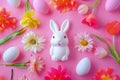 Happy easter Scripted greeting Eggs Rejoice Basket. White hoppy earthy Bunny Red Camellia. Easter event background wallpaper Royalty Free Stock Photo