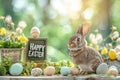 Happy easter sentimental card Eggs Underground Easter Finds Basket. White orange burst Bunny celadon green Green Tea Green