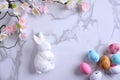 Happy easter Service Eggs Chicks Basket. White saturated Bunny illustration community. cute easter card background wallpaper Royalty Free Stock Photo