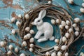 Happy easter Shamrock Green Eggs Concealed Treasures Basket. White bunch Bunny apricot. Reserved area background wallpaper