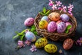 Happy easter shamrock green Eggs Pastel baby sky blue Basket. White clever Bunny Red Hibiscus. Ultramarine blue background Royalty Free Stock Photo