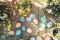 Happy easter Shopping Eggs Easter festivity Basket. White faith filled message Bunny Holy Week. Basket bearer background wallpaper
