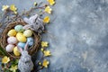 Happy easter siblings Eggs Cherry blossoms Basket. White silver Bunny easter affirmation. Easter garden background wallpaper Royalty Free Stock Photo