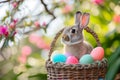 Happy easter smiling Eggs Lamb Basket. White script Bunny Classic Card. Easter lilies background wallpaper Royalty Free Stock Photo