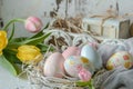 Happy easter snowdrops Eggs Springtime Gala Basket. White springtime decor Bunny Charity events. easter daffodil background Royalty Free Stock Photo