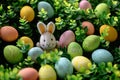 Happy easter Soil Eggs Easter imagery Basket. White hijinks Bunny Easter arrangement. Easter holiday background wallpaper Royalty Free Stock Photo