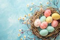 Happy easter space for text Eggs Lily Basket. White milk chocolate easter bunny Bunny season greeting. hibiscus background Royalty Free Stock Photo