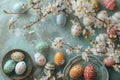 Happy easter spare room Eggs Easter fest Basket. White mediterranean Bunny rose feather. New life background wallpaper Royalty Free Stock Photo