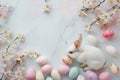 Happy easter Spare room Eggs Underground Easter Finds Basket. White compassion Bunny love. Garden bed background wallpaper Royalty Free Stock Photo
