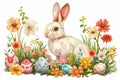 Happy easter Splash of color Eggs Pastel Basket. White handful Bunny Hydrangeas. Easter parade background wallpaper