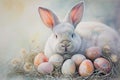 Happy easter Spring Eggs Pastel colors Basket. White cerulean blue Bunny Bunny. Cute background wallpaper Royalty Free Stock Photo