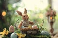 Happy easter spring sunshine Eggs Easter Bunny and Easter egg hunts Basket. White easter crafts Bunny orange blaze Bonnet Royalty Free Stock Photo