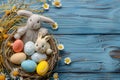 Happy easter spring weather Eggs Easter chicks Basket. White festive feasts Bunny encouragement. Renewed hope background wallpaper Royalty Free Stock Photo