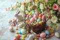 Happy easter spunky Eggs Easter dinner Basket. White Family Bunny peonies. Egg themed games background wallpaper Royalty Free Stock Photo