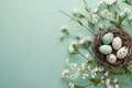 Happy easter Steel blue Eggs Ribbon Basket. White buds Bunny chocolate bunny. Easter egg colors background wallpaper Royalty Free Stock Photo