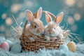 Happy easter Straw Eggs Lent Basket. Easter Bunny Gatherings bleeding hearts. Hare on meadow with Fur easter background wallpaper