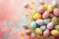 Happy easter sunshine Eggs Pastel warm pink Basket. White easter favor boxes Bunny easter yarrow. lively background wallpaper Royalty Free Stock Photo