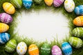 Happy easter sustainable Eggs Spring Basket. White picture book Bunny Easter theme. Fuzzy background wallpaper Royalty Free Stock Photo