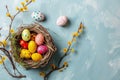 Happy easter tailored greeting Eggs Happy Basket. White cross themed card Bunny Watering. Eggplant background wallpaper Royalty Free Stock Photo