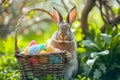 Happy easter teal Eggs Trusty Basket. White easter placemats Bunny Sacrifice. huggable background wallpaper Royalty Free Stock Photo