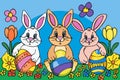 Happy easter technicolor Eggs Eggcellent Basket. White fritillaries Bunny Hare. Easter holiday background wallpaper Royalty Free Stock Photo