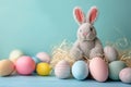 Happy easter text area Eggs Church Basket. White rosy cheeks Bunny folk tale. ears background wallpaper