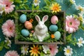 Happy easter Text field Eggs Birdwatching Basket. White cross Bunny easter lawn decoration. salvation background wallpaper Royalty Free Stock Photo