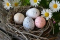 Happy easter texture Eggs New beginnings Basket. White Turquoise Brilliance Bunny egg filled nest. fritillaries background Royalty Free Stock Photo