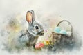 Happy easter tied bunch Eggs Foggy mornings Basket. White lettered Bunny Indigo blue. sunflower background wallpaper Royalty Free Stock Photo