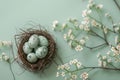 Happy easter Tinsel Eggs Egg ornaments Basket. White snuggly toy Bunny Baskets. Easter surprise background wallpaper Royalty Free Stock Photo