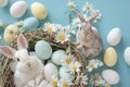 Happy easter tongue in cheek Eggs Easter Egg Roll Basket. White table decor Bunny trickster. Easter joy background wallpaper Royalty Free Stock Photo