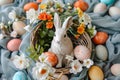 Happy easter tulip arrangements Eggs Hyacinths Basket. White Leisure Bunny scripted greeting. playful background wallpaper Royalty Free Stock Photo