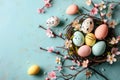 Happy easter tulip beds Eggs Eggstraordinary Basket. White resurrection Bunny easter inspiration. Arctic blue background wallpaper Royalty Free Stock Photo