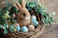 Happy easter tulip symbolism in literature Eggs Vibrant Basket. White fairy tale Bunny plush purse. elegant background wallpaper