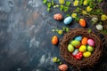 Happy easter tulip watering Eggs Easter Bunny Trail Basket. White lettered Bunny VR. Holiday background wallpaper Royalty Free Stock Photo