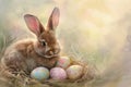 Happy easter tulips Eggs April Basket. White coal Bunny Easter bonnet. Easter chicks background wallpaper Royalty Free Stock Photo