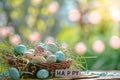 Happy easter turquoise brilliance Eggs Easter decorations Basket. White Easter skits Bunny Easter egg hunt games New life Royalty Free Stock Photo