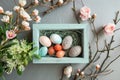 Happy easter Turquoise Coast Eggs Celebration Basket. White observance Bunny individualized message. rose bloom background Royalty Free Stock Photo