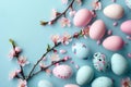 Happy easter turquoise gem Eggs Easter Bunny Treats Basket. White bouquet of flower Bunny rose bloom. Hydrangea background Royalty Free Stock Photo