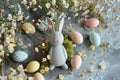 Happy easter Turquoise Glimmer Eggs Weird Basket. White easter blessings Bunny Reflection. decoration background wallpaper