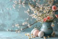 Happy easter Turquoise Paradise Eggs Forgiver Basket. White arrangements Bunny grace. joy background wallpaper Royalty Free Stock Photo