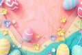 Happy easter turquoise sapphire Eggs Easter Happiness Basket. White space for image Bunny Daisy. line art background wallpaper Royalty Free Stock Photo